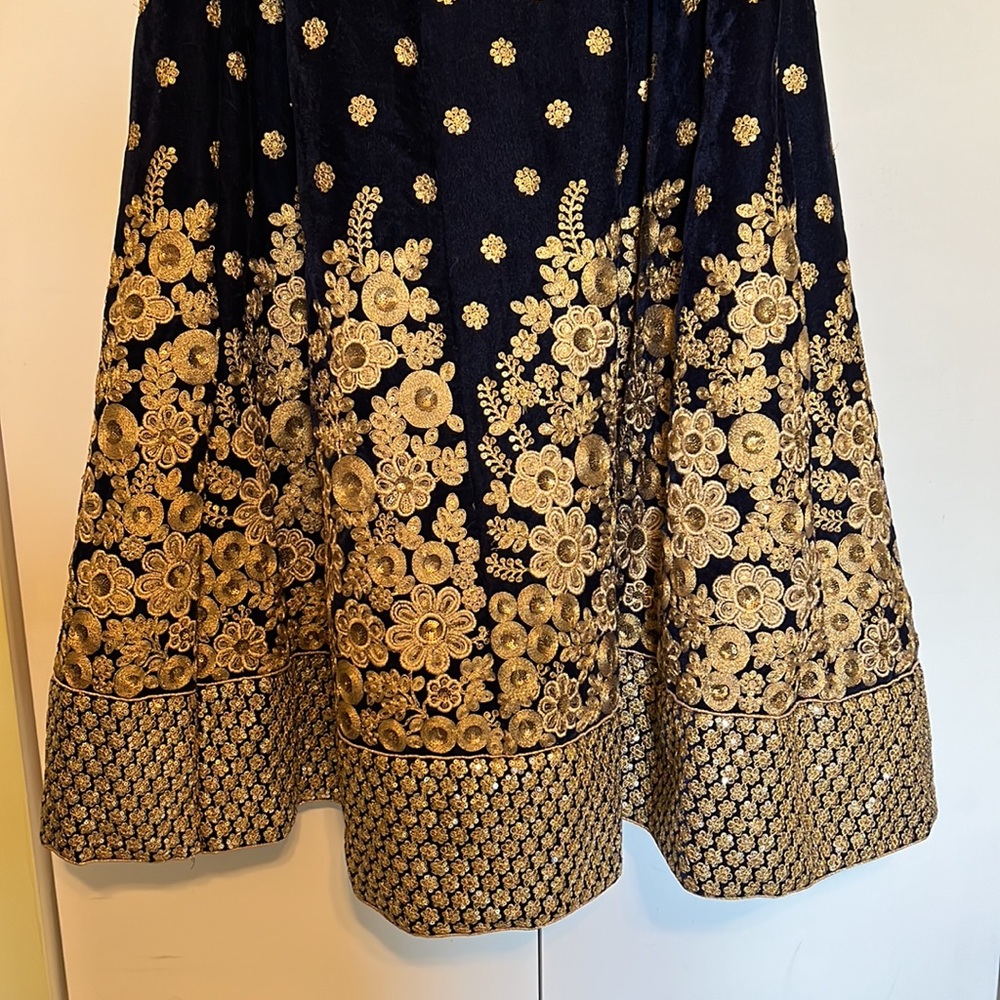 Blue velvet heavy gold embroidery Lehenga Choli - Picture 9 of 15